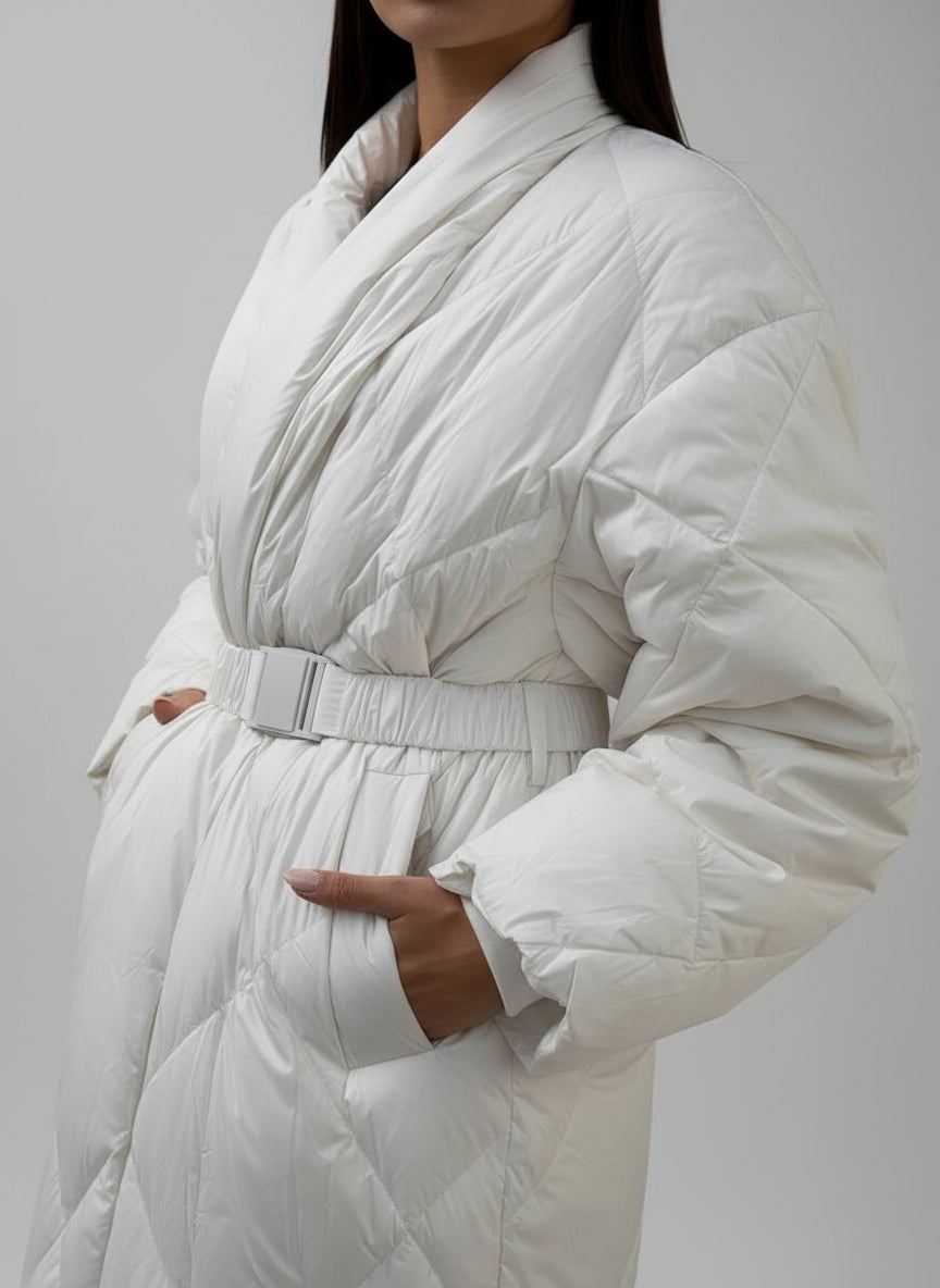 Lang, vattert dunjakker med elegant silhuett