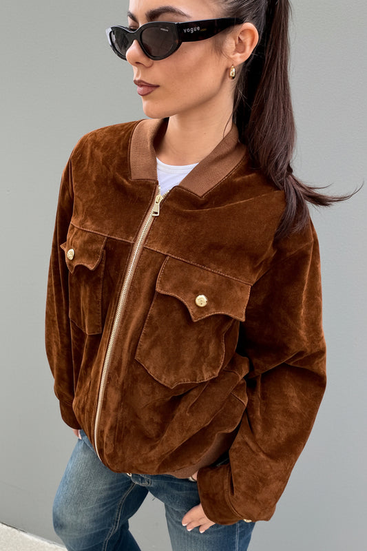 Bomber jakke i ekte semsket skinn