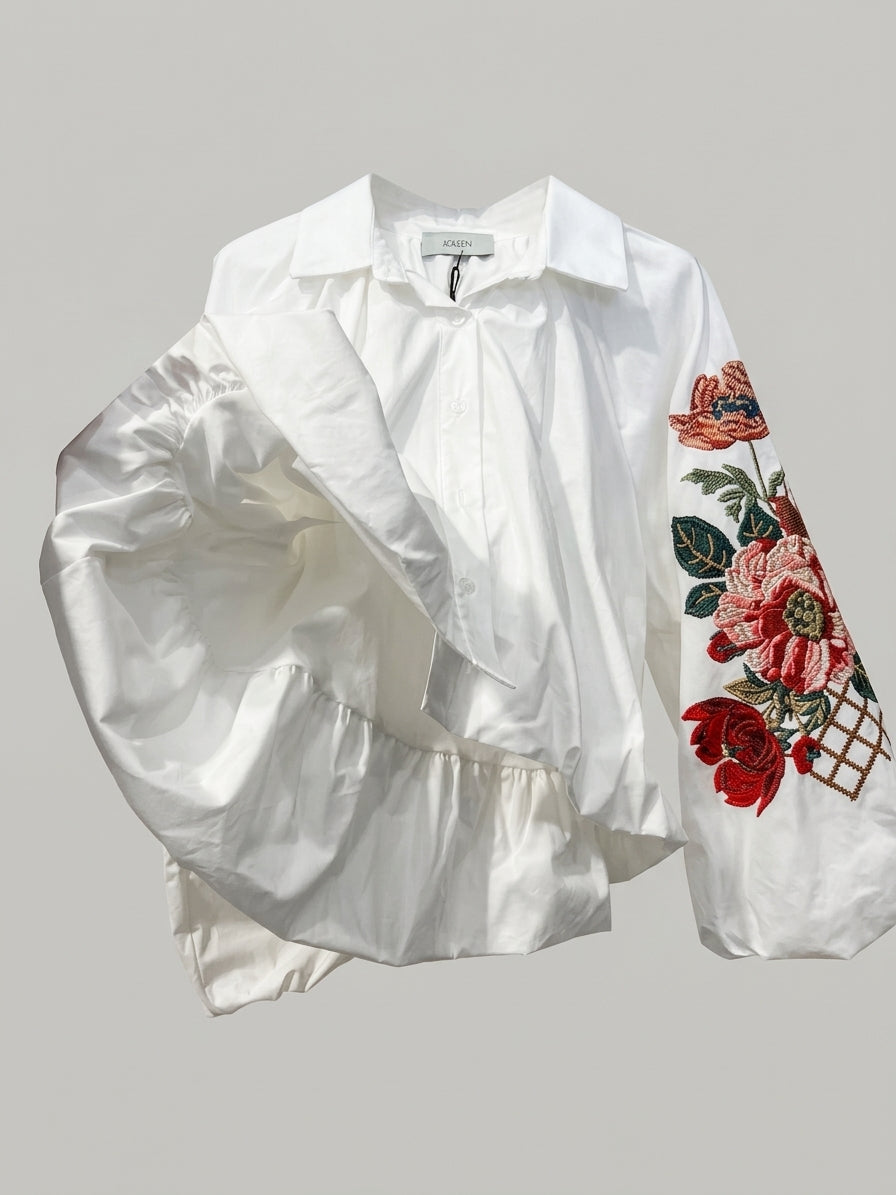 Oversized Bomullsskjorte med Ballongfald og Rosebroderi