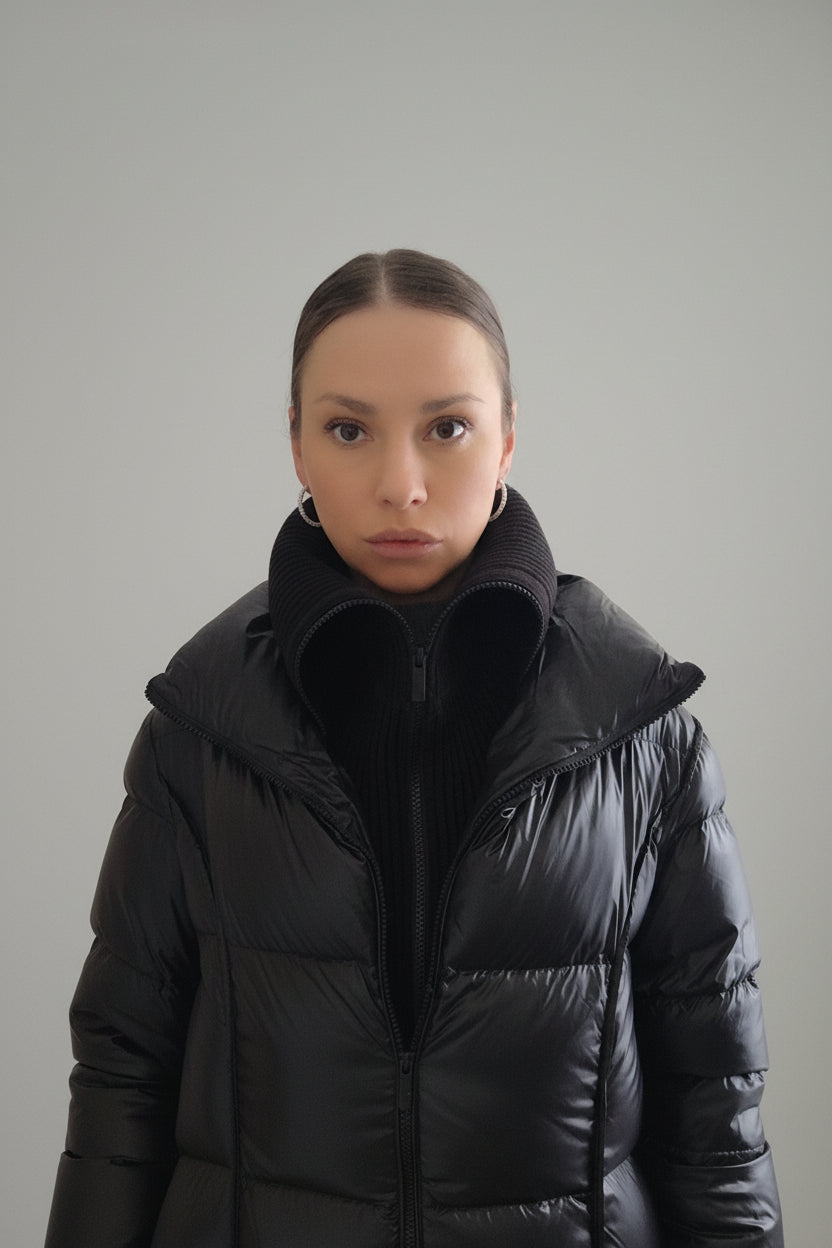 Lang dunjakke med ull strikket innsats