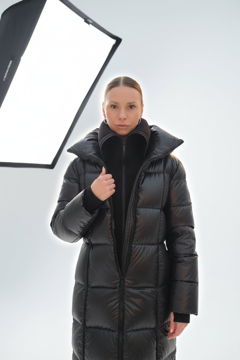 Lang dunjakke med ull strikket innsats