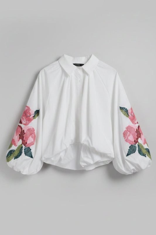 Oversized Bomullsskjorte med Ballongfald og Rosebroderi