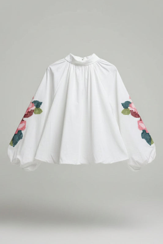 Oversized Bomullsskjorte med Ballongfald og Rosebroderi